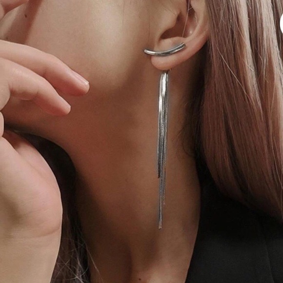 *¥*NEW Silver Bar Long Thread Tassel Earrings